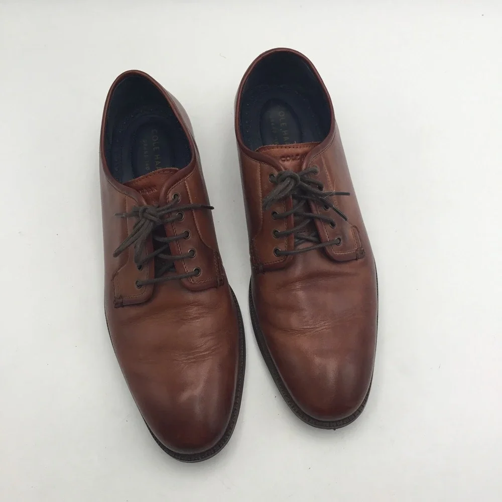 Cole Haan Grand.OS Mens Brown Leather Derby Dress Shoes Plain Toe Lace Up Sz 9 M